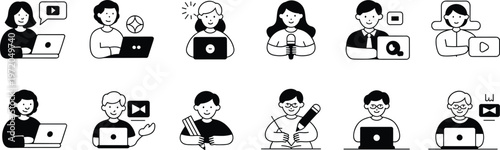 Digital creator icons, online presenter silhouettes, laptop user vector, microphone speaker illustration, content production design, educator art, modern communication graphic