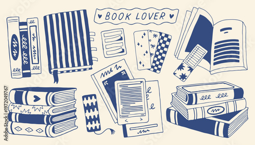 Minimalist book lover set with stacks of books and bookmarks. Hand drawn doodle collection of literature and reading accessories in blue vector