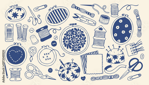 Hand drawn embroidery tools set featuring hoops and sewing needles. Minimalist doodle collection of thread and scissors in mediterranean blue vector