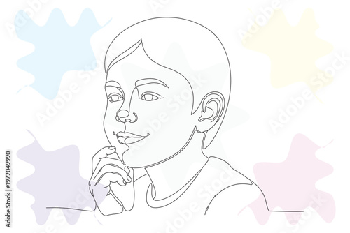 Thoughtful Child Portrait: Continuous Line Drawing of a Young Person Lost in Contemplation, Hand-Drawn Illustration with Pastel Accents