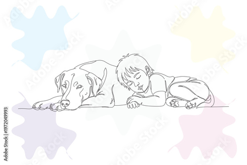 Sweet Dreams: A Continuous Line Illustration of a Sleeping Child and Loyal Dog, Hand-Drawn with Love and Gentle Detail