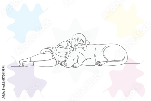 Sweet Dreams: Continuous Line Drawing of a Child and Dog Sleeping Peacefully, Hand-Drawn Illustration for a Loving and Gentle Aesthetic