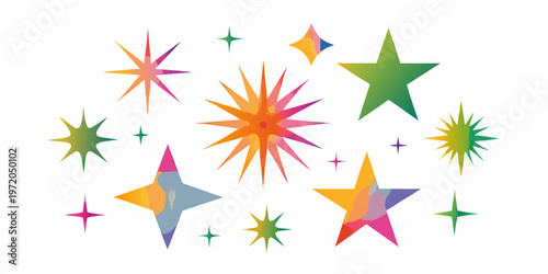 Colorful abstract starbursts and stars scattered against a white background