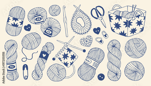 Vector collection of knitting yarn balls and crochet hooks. Hand drawn doodle set with wool skeins and needles in minimalist mediterranean style