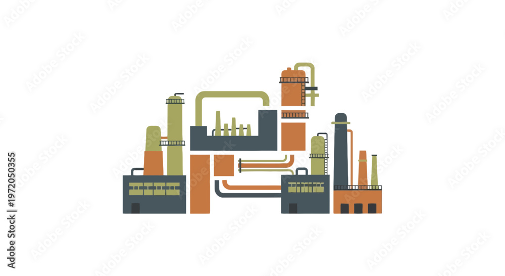 Obraz premium Industrial Factory and Oil Refinery Flat Vector Illustration Isolated on White Background.