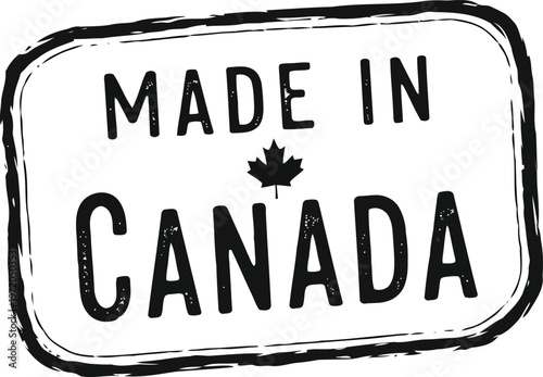Black Made in Canada Rubber Stamp Style Icon with Maple Leaf Isolated on White Background