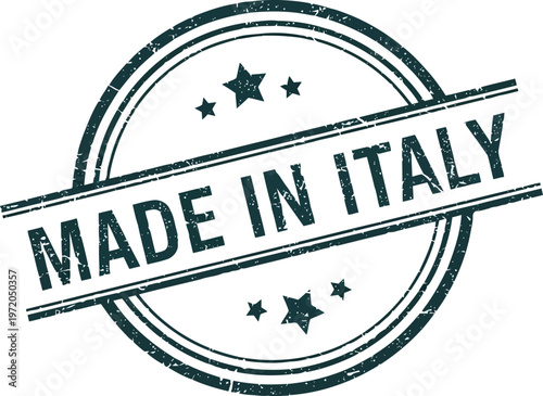Black grunge rubber stamp design with Made in Italy text and star icons on white