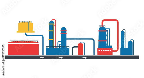 Oil Refinery and Chemical Industrial Complex Flat Vector Illustration with Storage Tanks and Pipelines Isolated on White Background.