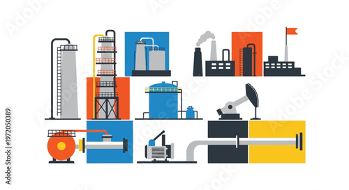 Flat Design Vector Illustration Set of Heavy Industry, Oil Refinery, Factory, and Energy Infrastructure Icons.