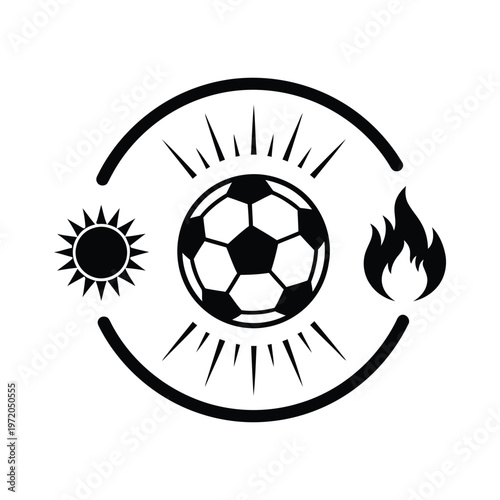 Soccer ball surrounded by sun and flame symbols vector graphic icon