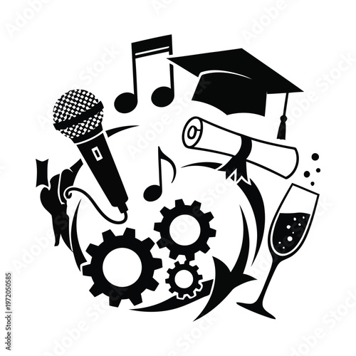 Graduation and entertainment event icons set vector graphic illustration