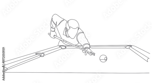 Man playing billiards, aiming cue ball on pool table, line art illustration