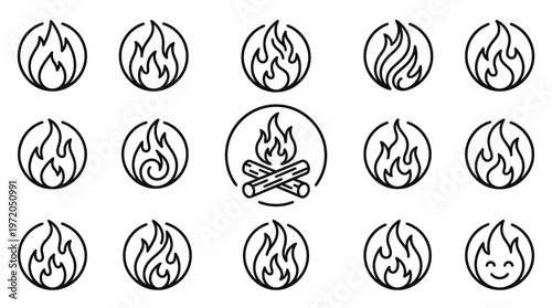fire flat line icons, flames, flame of various shapes, bonfire vector illustration, 