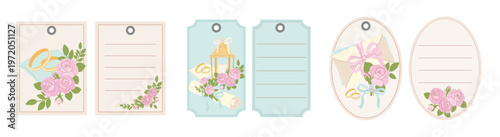 Collection of elegant wedding favor tags and labels featuring floral arrangements of pink roses vector illustration.