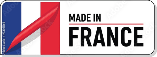 Made in France label with stylized French flag icon isolated on white background for branding