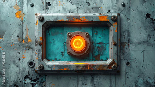 Steel surface oxidation detail. Turquoise paint texture with rust. Center light source illumination. Hardware mechanism for industry technology and science fiction infrastructure. Tactility focus.