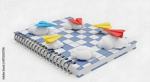 3D Isometric Spiral Notebook with Checkerboard Pattern and Colorful Paper Planes on Clouds