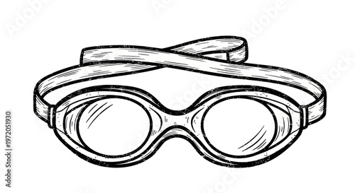 Hand-drawn sketch of swimming goggles with a strap, isolated on white background.