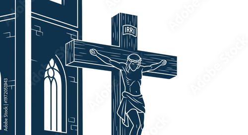 Jesus Christ Crucifixion Cross and Church Building Silhouette
