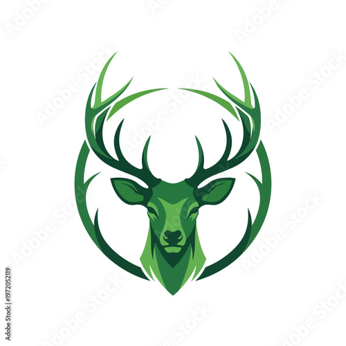 Green deer head with large antlers.