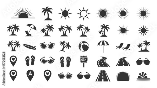 Beach summer travel and road trip icons set flat vector graphic elements
