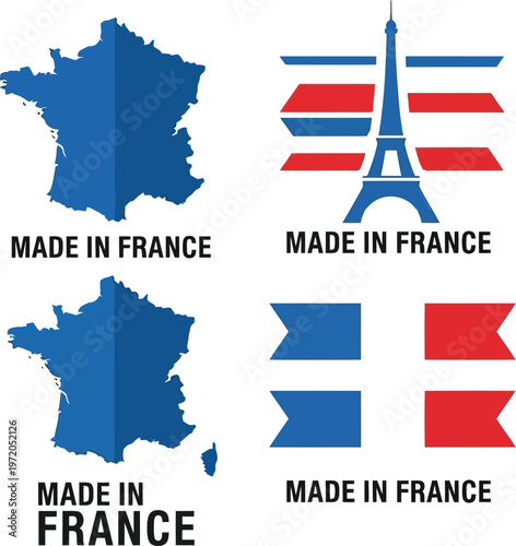 Set of Made in France labels with country map eiffel tower and national flag icons