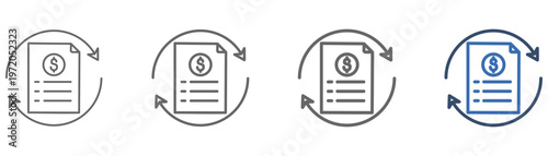 
outline icon set statement with top and bottom semicircle design, document paper and mone