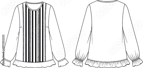 Women blouse, technical flat sketch, long sleeve peplum hem, front back view, fashion CAD vector illustration, apparel design template drawing