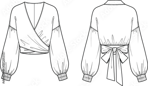 Women fashion wrap blouse flat sketch, technical drawing vector illustration, long puff sleeve crop top, back bow tie design template.