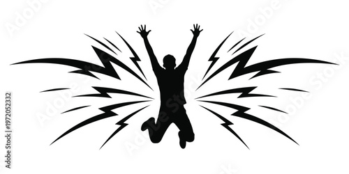 Silhouette of a person jumping with energetic lightning bolts