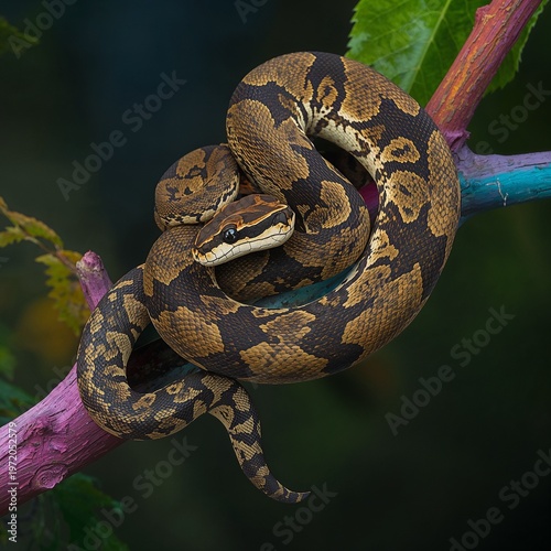 A boa constrictor artistically coiled around a vibrant tree bran