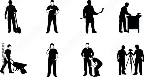 Worker profession silhouette set showing construction labor, technician, engineer, cameraman and industrial worker with tools and equipment in different job activities isolated on white