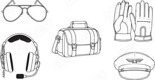 Aviator sunglasses duffel bag pilot cap headphones and gloves line