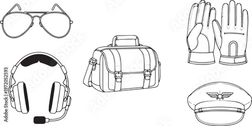 Aviator sunglasses headset duffel bag and pilot cap line travel
