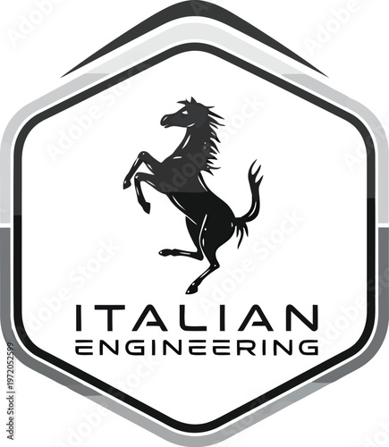 Italian Engineering badge logo with a prancing horse silhouette inside a modern hexagonal frame design