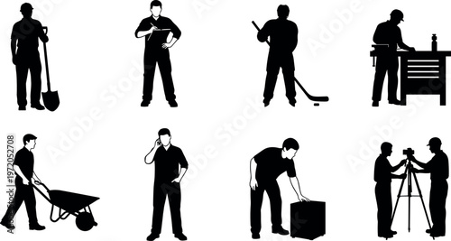 Worker profession silhouette set with construction laborer, technician, cameraman, repairman and manual worker performing different job activities with tools isolated on white background