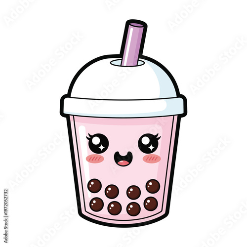Cute kawaii bubble tea cup with tapioca pearls isolated vector illustration