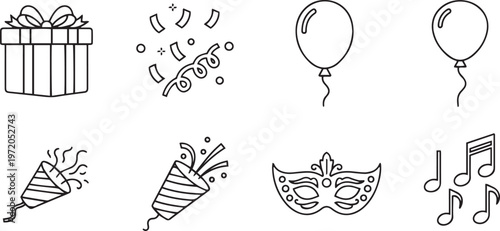 Black outline of party gift box confetti balloons party poppers masquerade mask and music notes