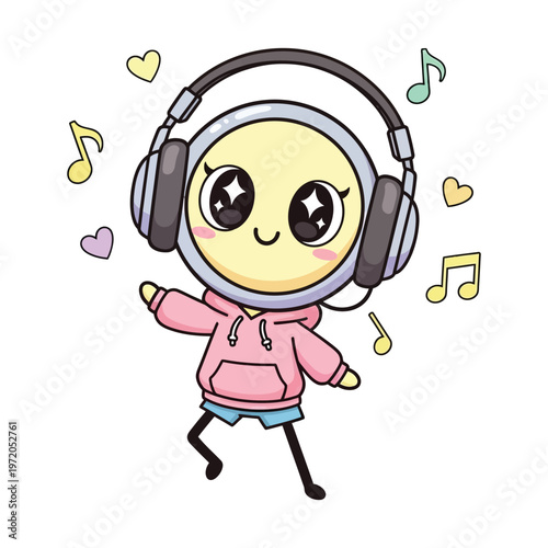Cute happy character wearing headphones and hoodie vector illustration art