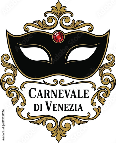 Venetian carnival mask logo with ornate vintage frame and text isolated on white background design
