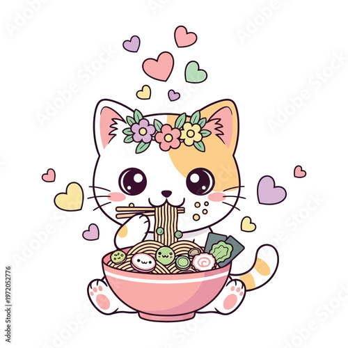 Kawaii cat eating ramen noodles with heart shapes vector art illustration