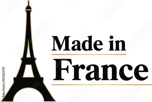 Made in France label with Eiffel Tower silhouette icon black isolated on white background emblem