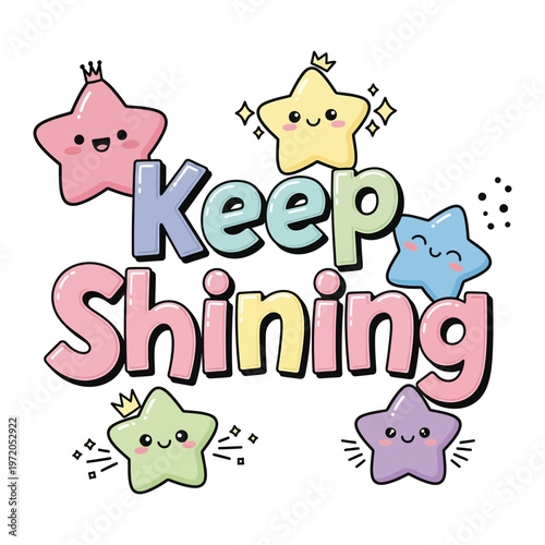 Cute star characters with keep shining typography vector illustration set