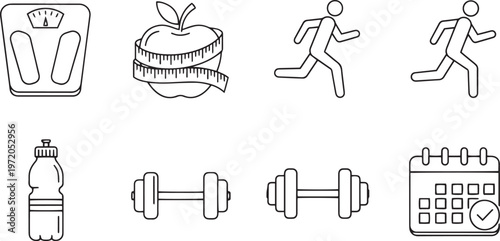 Health and fitness including scale apple runners water bottle dumbbells and calendar