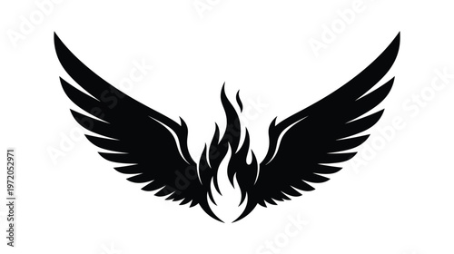 Black silhouette of bird wings with fire flames inside vector graphic