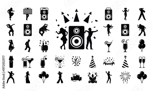 Party and celebration silhouette icons for events and nightlife vector set