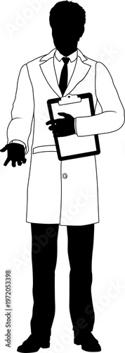 Silhouette person scientist, engineer or professor man in a lab coat. Holding clipboard checklist. Possibly performing experiment or surveying. Alternatively a chemist, science teacher or pharmacist.