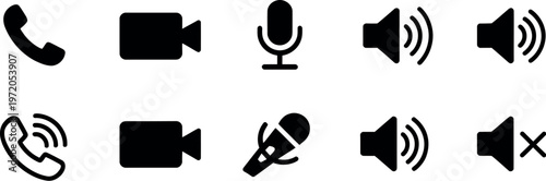 Communication icons phone receiver video call microphone mute speaker volume silent symbol vector set isolated white background