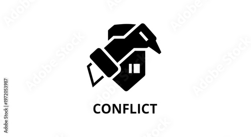 Abstract conflict icon with a hand writing on a shield, representing dispute and disagreement