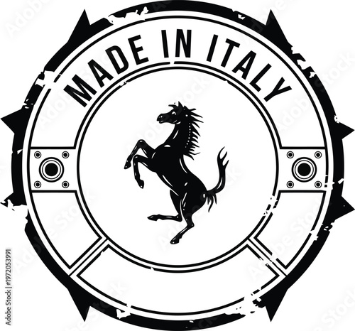 Made in Italy vintage grunge rubber stamp emblem with black prancing horse icon isolated design